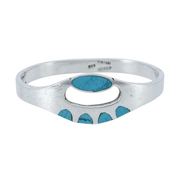 Vintage Mexico Taxco TM-181 Sterling Silver Turquoise Inlay Bangle Bracelet 6.5" - Picture 2 of 8
